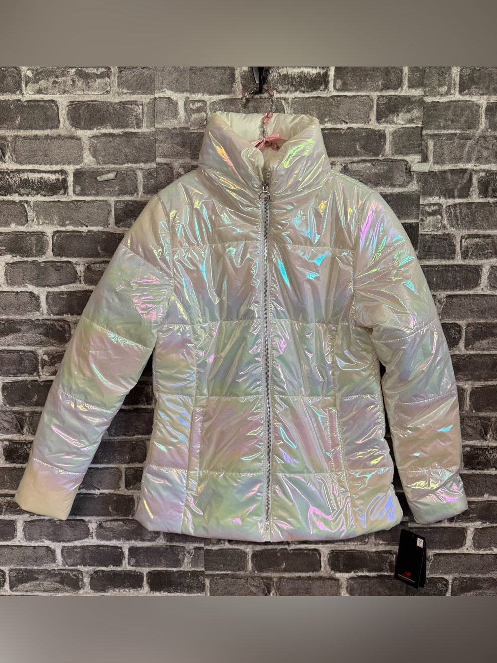 NWT New Balance Tech jacket White Iridescent Puffer Coat water wind resistant
